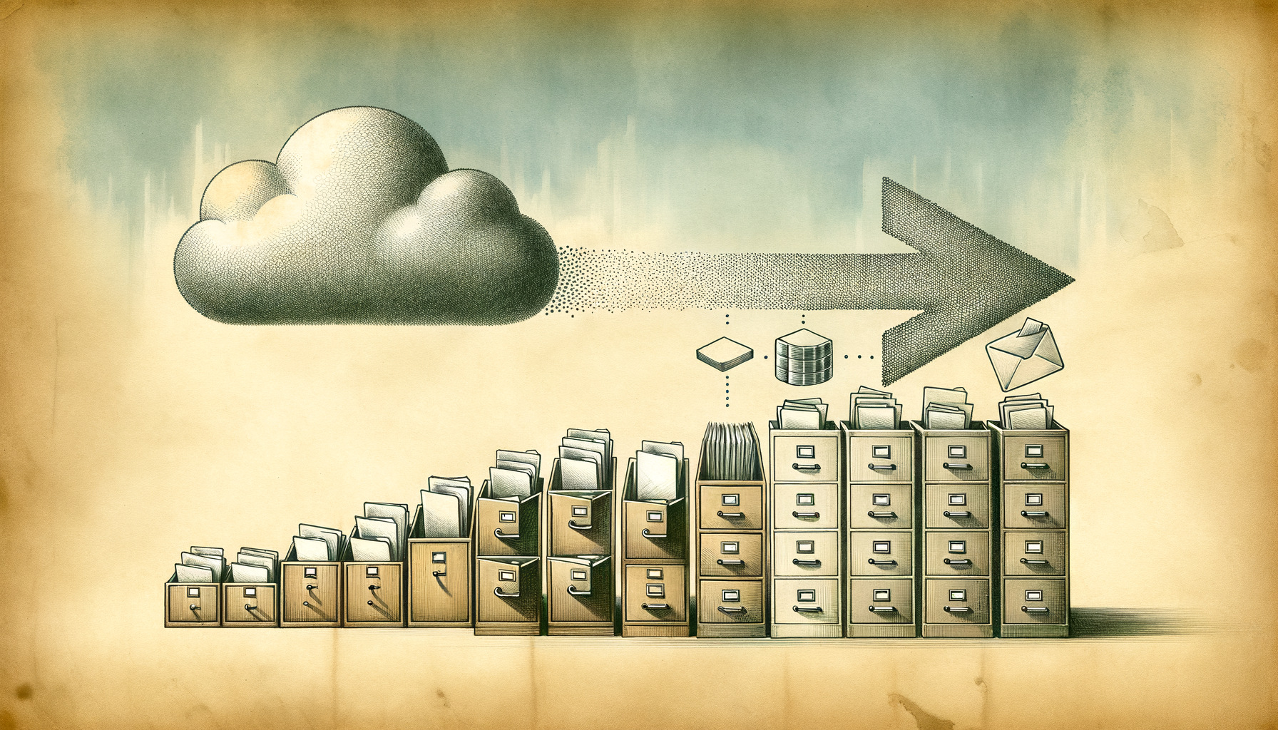 Hand-drawn sketch of a legal data migration: a row of vintage filing cabinets on the left, a dotted arrow flowing right, and a cloud icon above a database cylinder on the right.