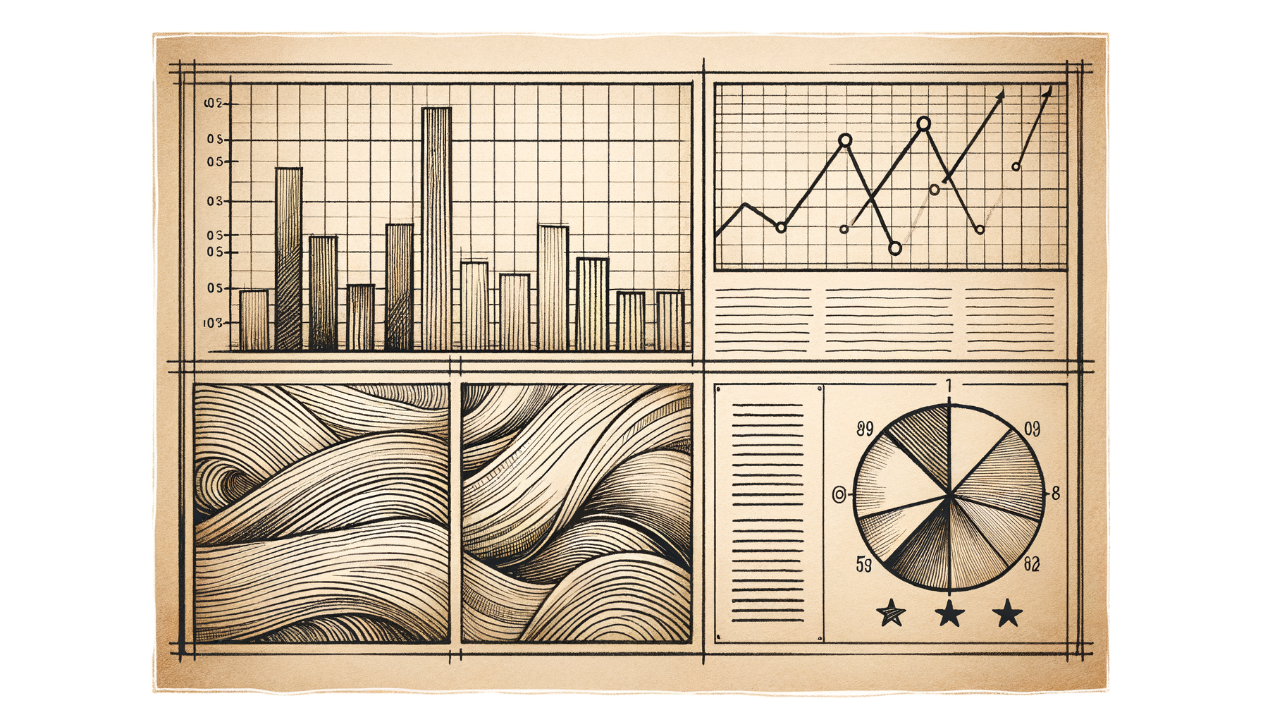 Hand-drawn sketch of a performance dashboard: 2x2 grid with bar chart, pie chart, line graph trending up, and a row of five-pointed stars.