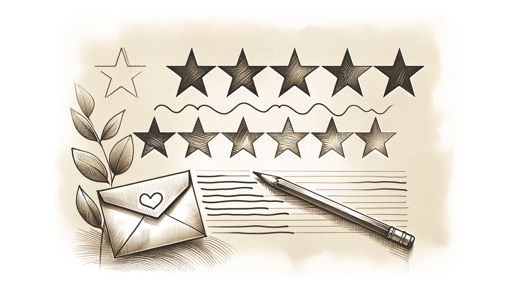 Hand-drawn sketch of a client review workflow: envelope on the left, row of stars in the middle, speech bubble on the right with abstract response lines.