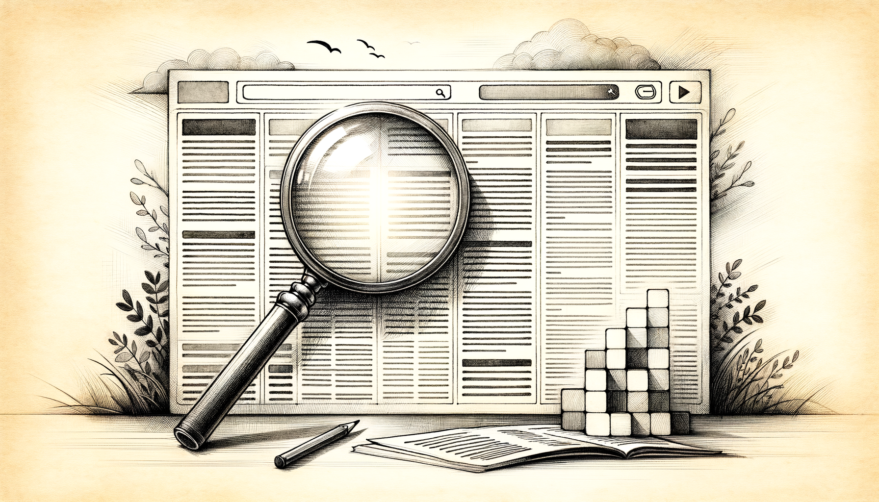 Hand-drawn sketch of search engine results control: a large magnifying glass on the left showing a vertical stack of three blank rectangles, with a pyramid of owned content on the right and pencil arrows connecting back.